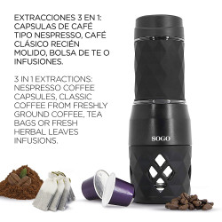 Espressor Portabil manual 3in1 SOGO CAF-SS-5611, 20 bar, rezervor 80 ml, macinata, cu adaptor de capsule, Negru