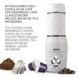 Espressor Portabil manual 3in1 SOGO CAF-SS-5612, 20 bar, rezervor 80 ml, macinata, cu adaptor de capsule, alb