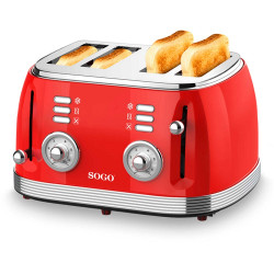 Prajitor de paine SOGO TOS-SS-5465, 4 felii, 1500 W, 6 nivel de rumenire, oprire automata, rosu