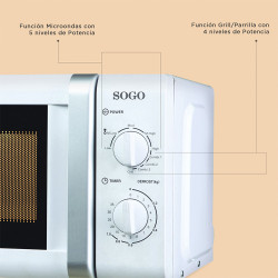 Cuptor cu microunde si grill SOGO SS-845, 20L, 5 nivele putere, comanda manuala, temporizator 35min, putere 700-1000W, alb