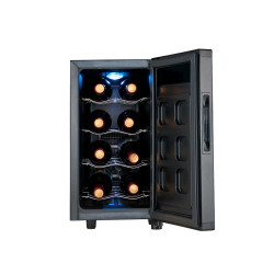 Racitor de vinuri SOGO NEV-SS-21900, 8 sticle, 23L, R600A, 45W, control digital, temperature 8-14 grade, H 46 cm, 4 rafturi, silentios, Negru