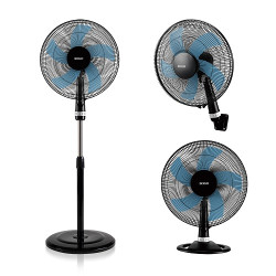 Ventilator cu picior 3 in 1 Picior, masa, perete, SOGO VEN-SS-21265, 50W, 40 cm, 3 trepte de putere, inaltime reglabila pana la 130 cm, 5 lame, baza stabila, Negru/Albastru