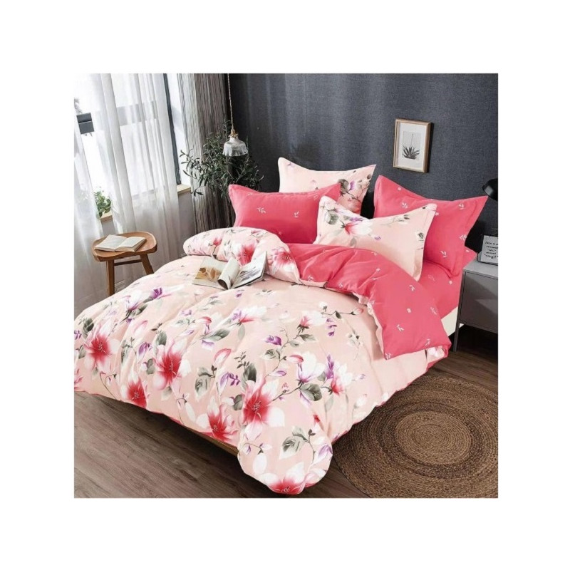 Lenjerie de pat din finet, 6 piese, pentru pat dublu, 245x250 cm, Pucioasa,beige/roz